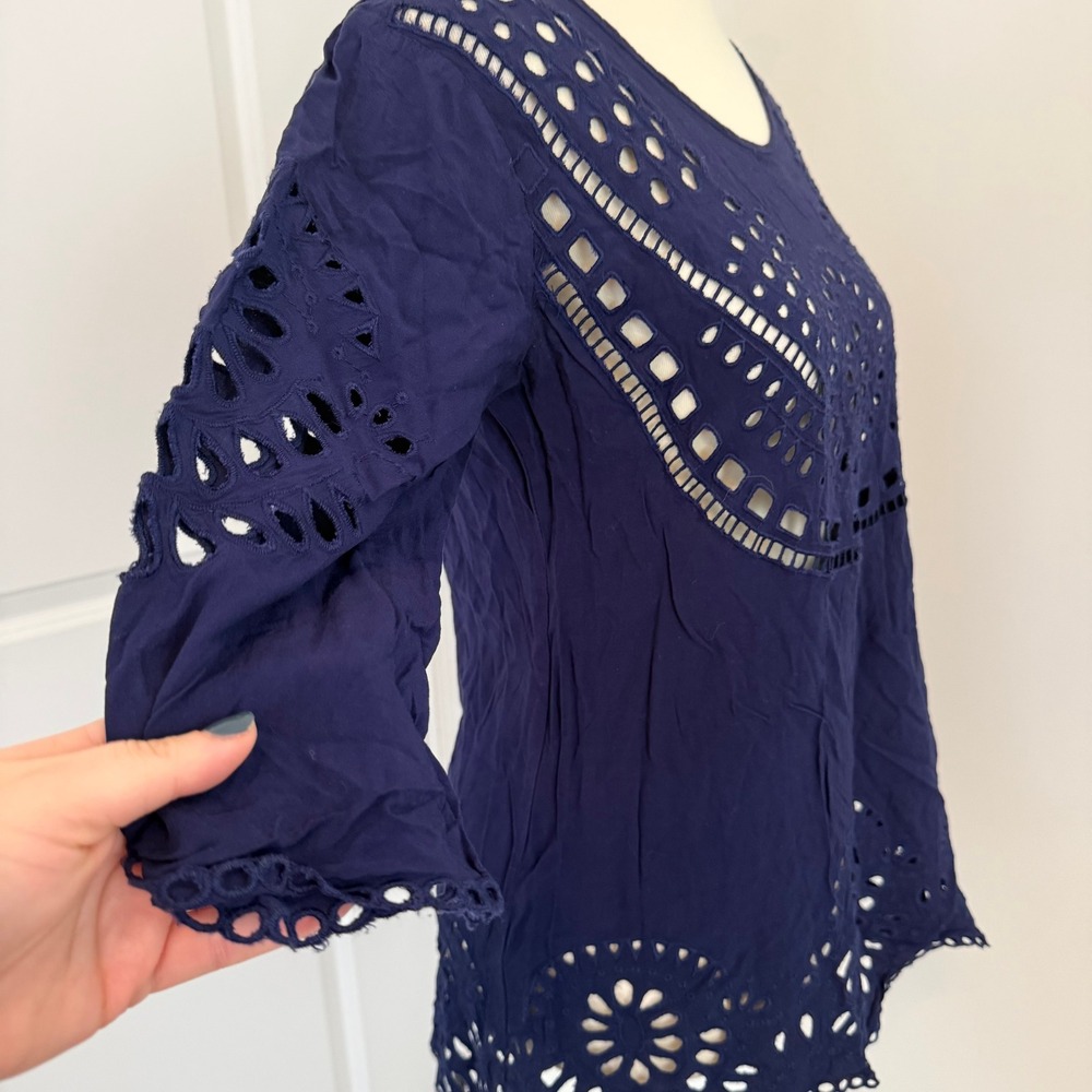 Solitaire Swim Navy Blue Eyelet Lace 3/4 Sleeve Tunic Top Women M Resortwear - Picture 5 of 11